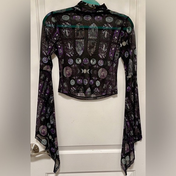 Sheer Celestial Mesh Top Gothic Moon Phase Witchy Festival Y2K Black Cat Small - Picture 1 of 6